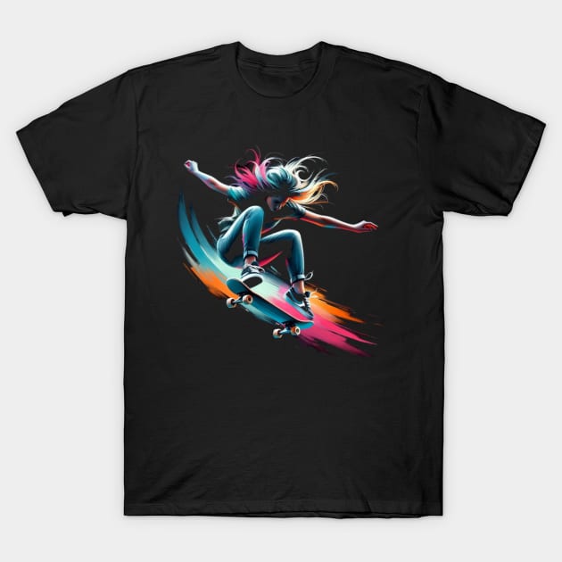 Cyber Skatergirl on Skateboard T-Shirt by MultistorieDog